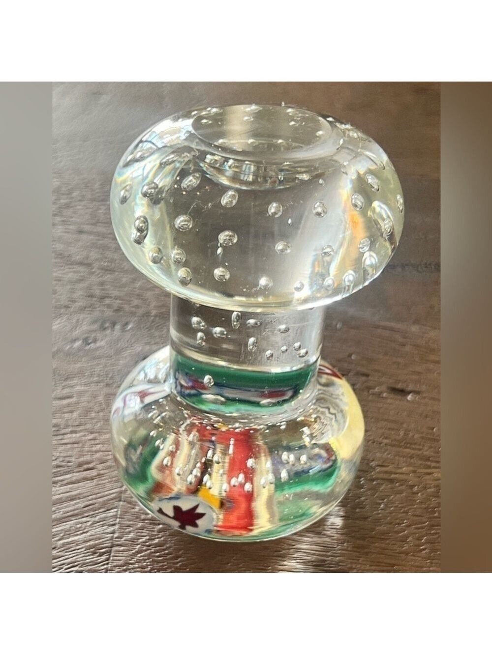 Art glass barbell paperweight controlled bubbles, canes, millefiori
